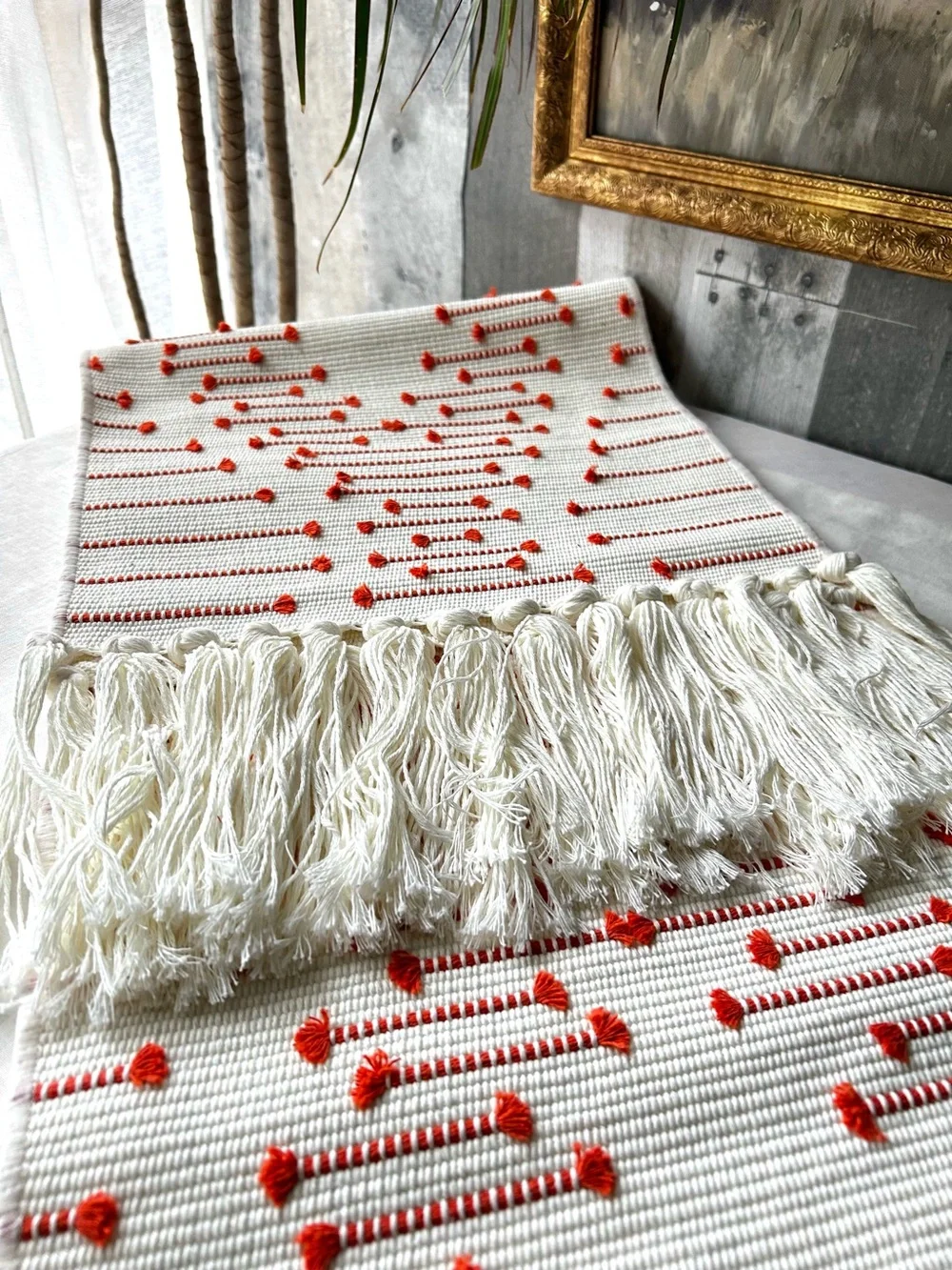 🌴Lovely Table Runner W/Boho Flair | White(cream) & Rusty Orange | Kirkton House